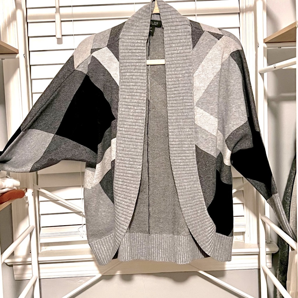 Black, gray and white open front cardigan